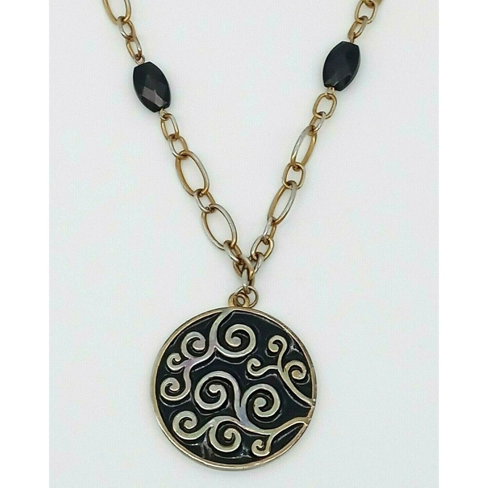 Vintage Retro Swirl Medallion Pendant Necklace Black Enamel Beads Gold Tone